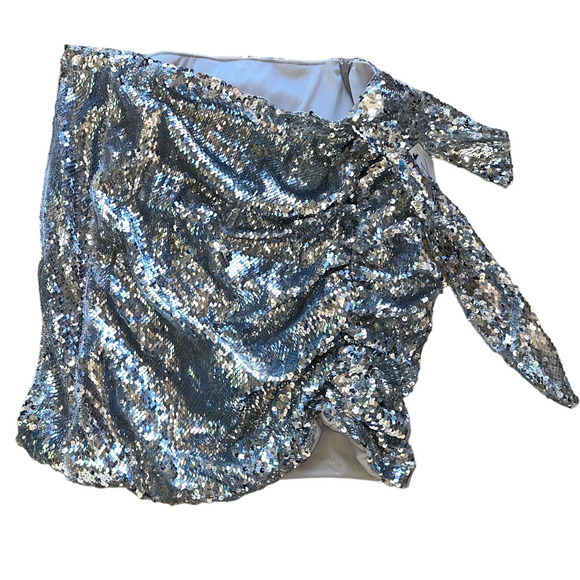 Sequin Micro Mini Skirt Silver Size 12 Ruched Metallic OW Collection $128 NEW - Picture 6 of 11
